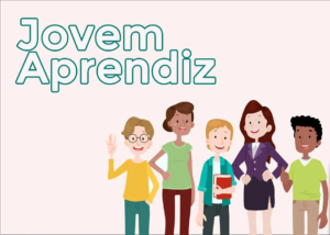Desenho de cinco jovens, com cadernos e mochilas, logo abaixo dos dizeres "Jovem Aprendiz"